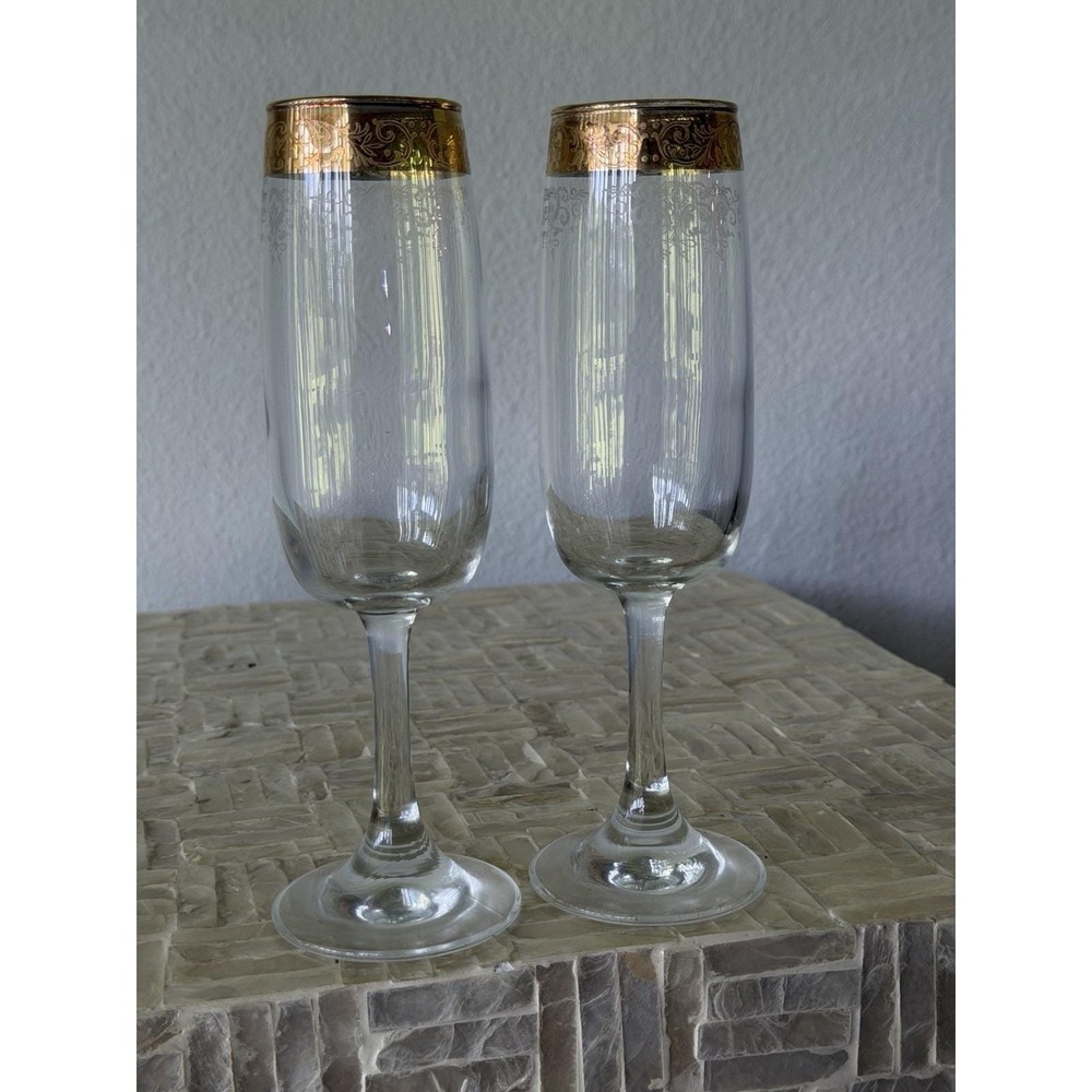 Vintage Gold Rim Champagne Flutes Set Of 2 Etched Floral Gold Band Stemware